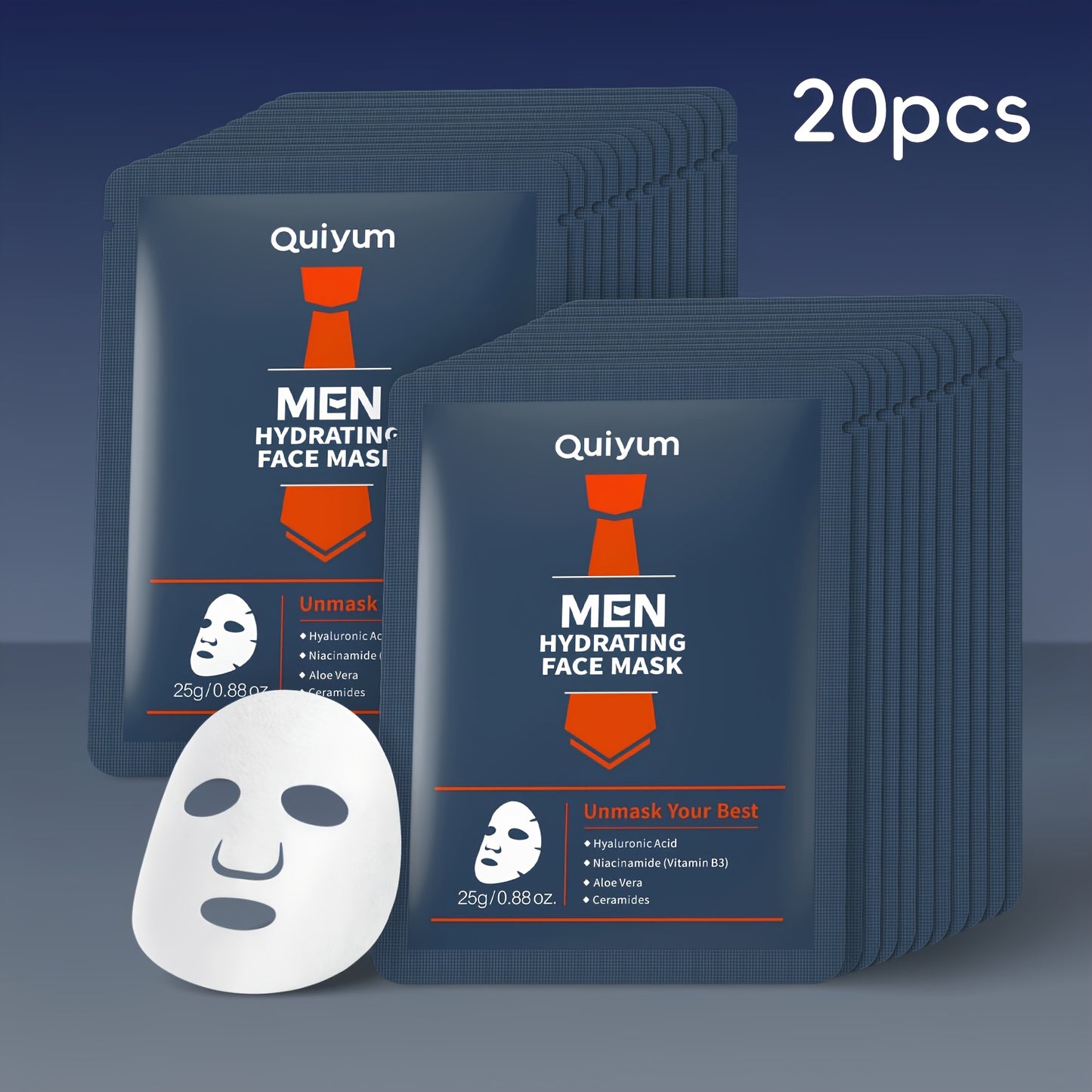 Quiyum Men Hydrating Facial Mask 20 Packs, Infused with Hyaluronic Acid, Niacinamide, Aloe Vera, Deep Moisturizing, for A Radiant Complexion