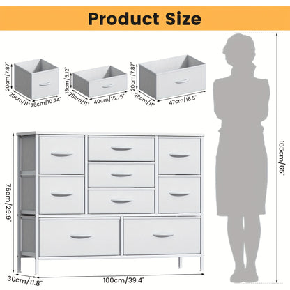 9-Drawer Dresser with Anti-Tip System & Adjustable Leveling Feet - Modern MDF Top Board & Metal Frame Storage Unit Suitable for Bedroom, Office, Living Room Organization - Assembly, Space-Saving Furniture