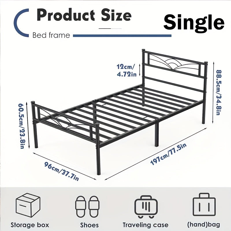 Minimalist Black Metal Bed Frame with Patterned Headboard – Solid Steel, Noise-Free, Fits Multiple Mattress Sizes, for Bedroom, Dorm & Rental Room