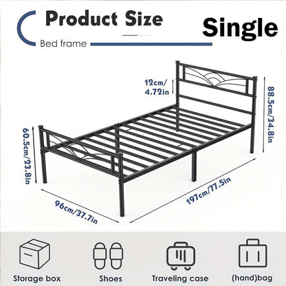 Minimalist Black Metal Bed Frame with Patterned Headboard – Solid Steel, Noise-Free, Fits Multiple Mattress Sizes, for Bedroom, Dorm & Rental Room