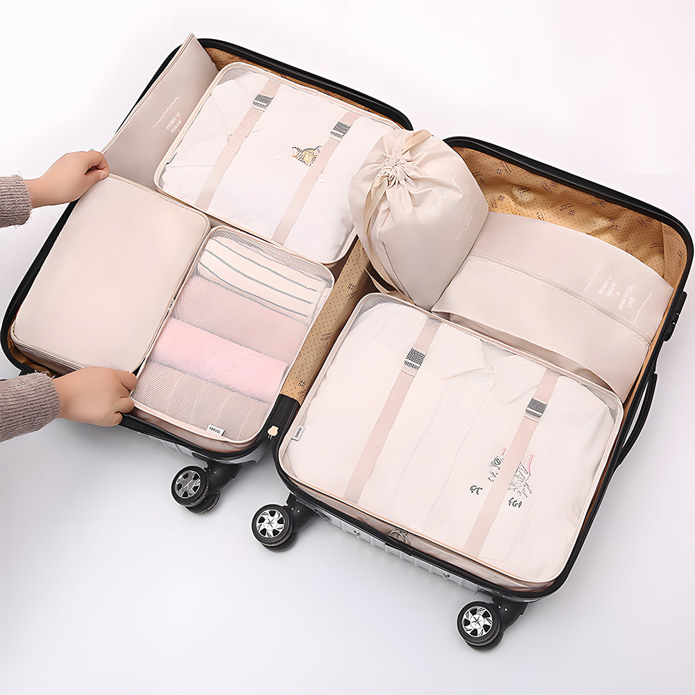 Packing Cubes Set of 7 for Suitcase – Travel Organiser Bags for Clothes, Shoes, Toiletries & Accessories, Oxford Fabric Luggage Sorting Pouches for Holiday & Business Travel in Grey, Pink, Blue & Beige