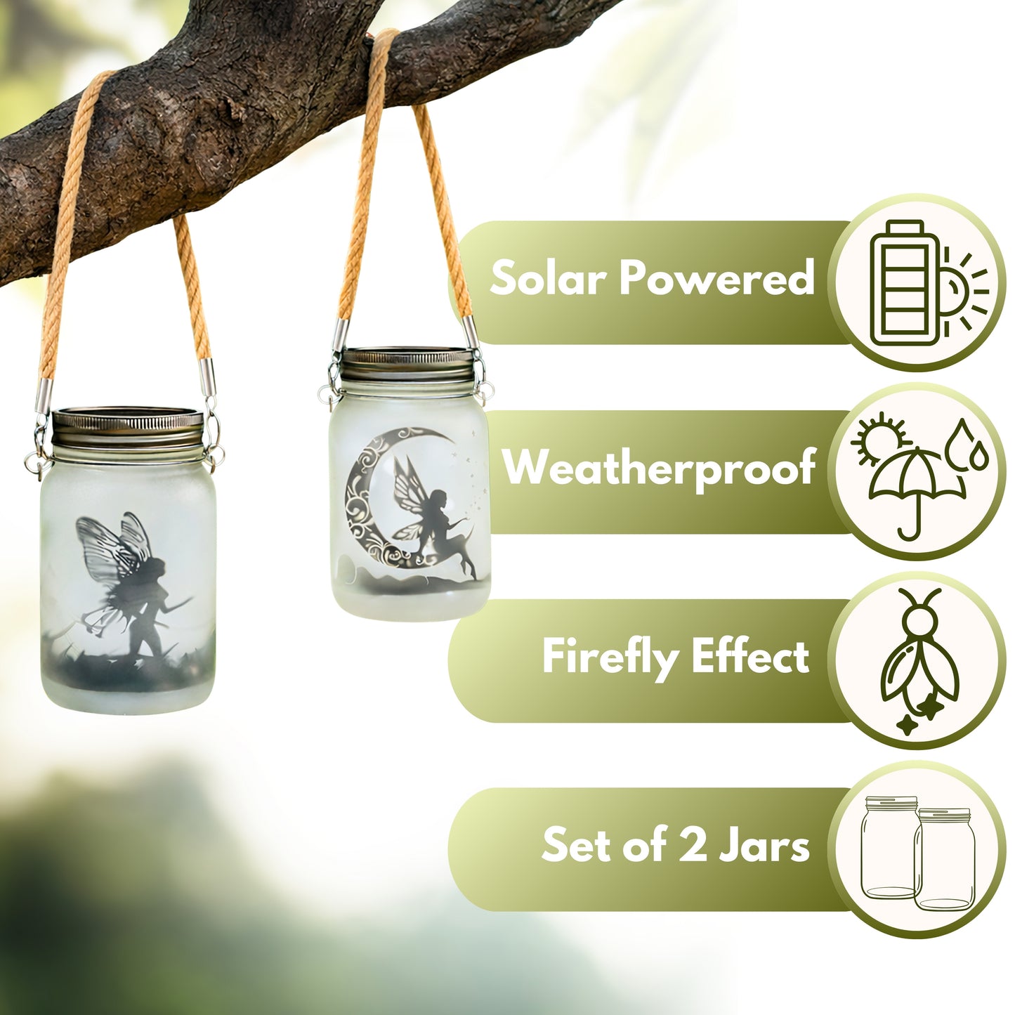 Garden Mile Solar Fairy Jar Lights Set of 2 – Hanging Solar Lantern Mason Jar Lights with Fairy Silhouette Designs, Outdoor Garden Solar Lights with Rope Handle, Decorative Fairy Garden Lanterns, 13cm