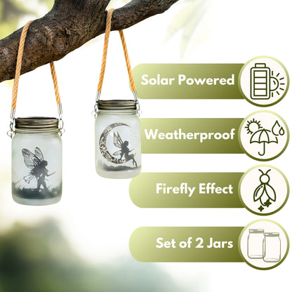 Garden Mile Solar Fairy Jar Lights Set of 2 – Hanging Solar Lantern Mason Jar Lights with Fairy Silhouette Designs, Outdoor Garden Solar Lights with Rope Handle, Decorative Fairy Garden Lanterns, 13cm