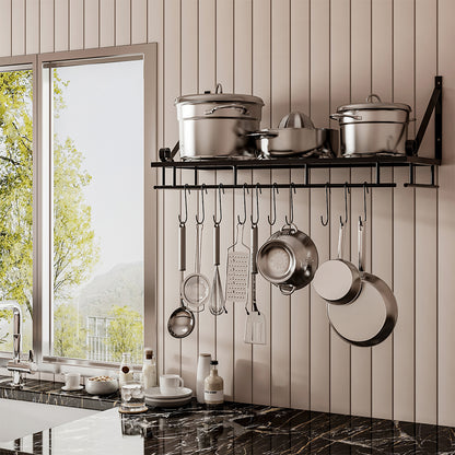 10-Hook Heavy Duty Metal Wall-Mounted Kitchen Organizer, Multifunctional Hanging Rack for Pots, Pans, and Cooking Utensils Storage, Space Saving Design for Small Kitchens