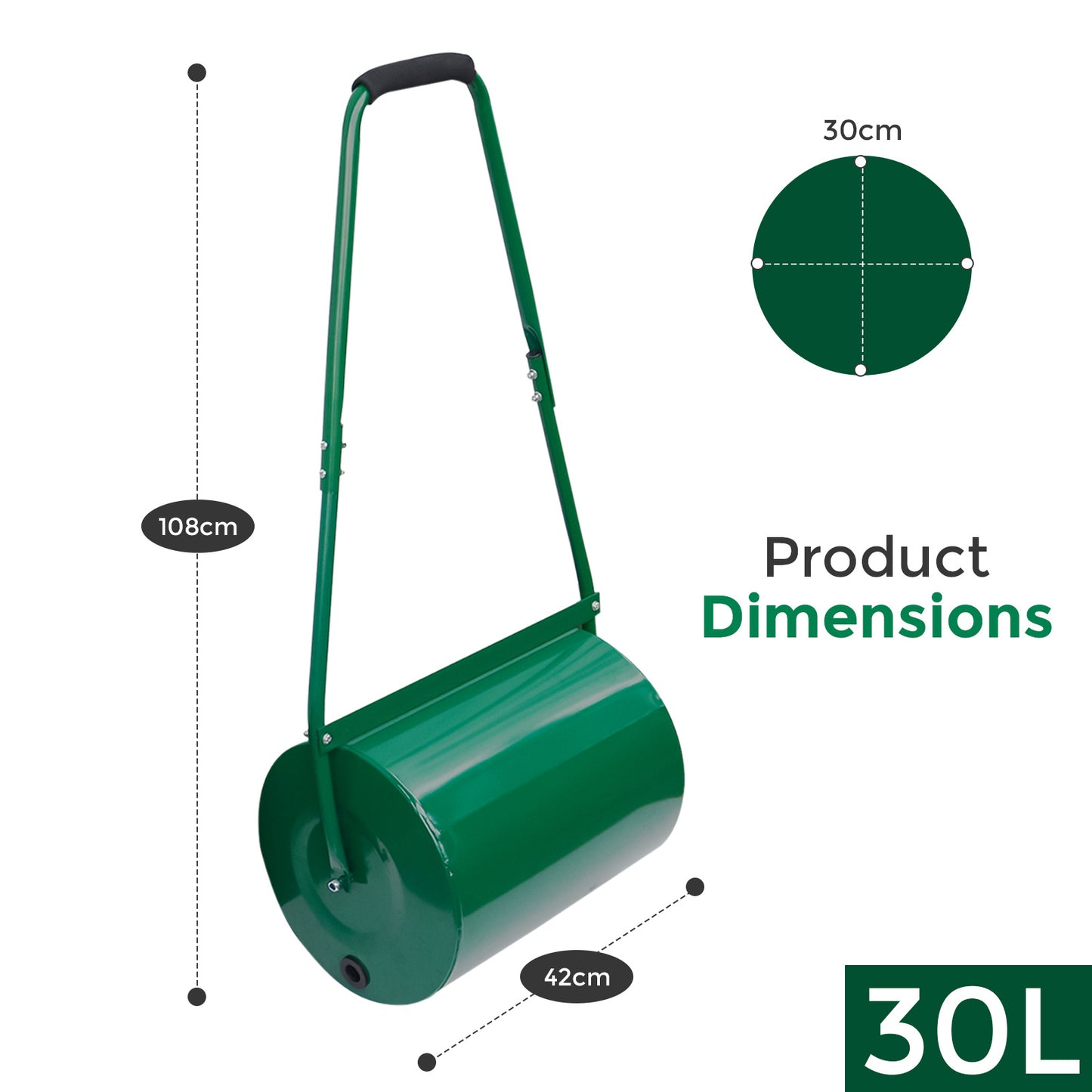Heavy Duty Garden Grass Lawn Roller - Large Water or Sand Filled Drum, Galvanized Steel Construction, Scraper Bar & Collapsible Handle for Levelling Uneven Ground - Green