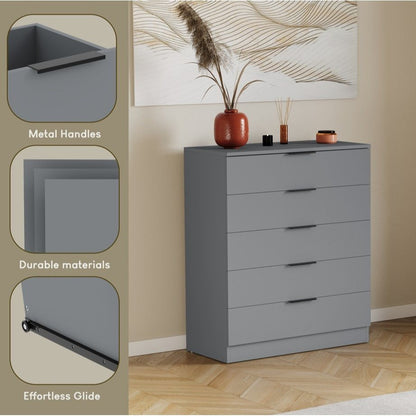 Vida Designs Trega 5 Drawer Chest Of Drawers Space-Saving Storage Smooth Glide Drawers Bedroom Furniture