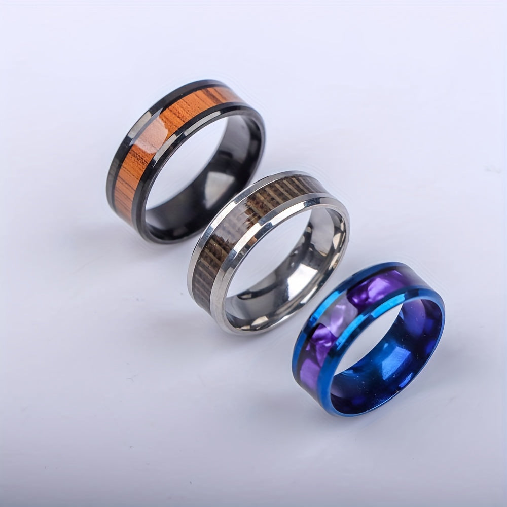 10 Retro Fashion Shiny Multicolor Shell Wood Grain Stainless Steel Rings, Exquisite Men'S Jewelry, Daily Holiday Banquet Party Wear Birthday Anniversary Gift Random Style Delivery Without Box