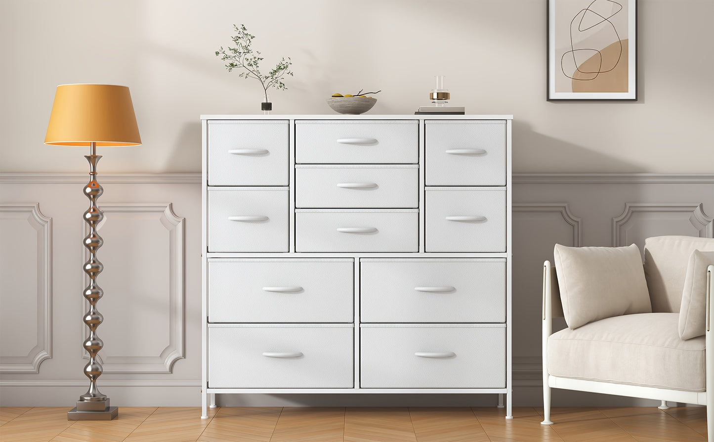 Large 11-Drawer Dresser with Sturdy Metal Frame & MDF Wood Top - Tall Fabric Storage Cabinet with Anti-Tip Design, Adjustable Legs, 68.58cm+ Height, 3.2 Cu Ft Capacity, Black Classic Modern Dresser for Bedroom, Living Room, Office - Easy Assembly, Space-S