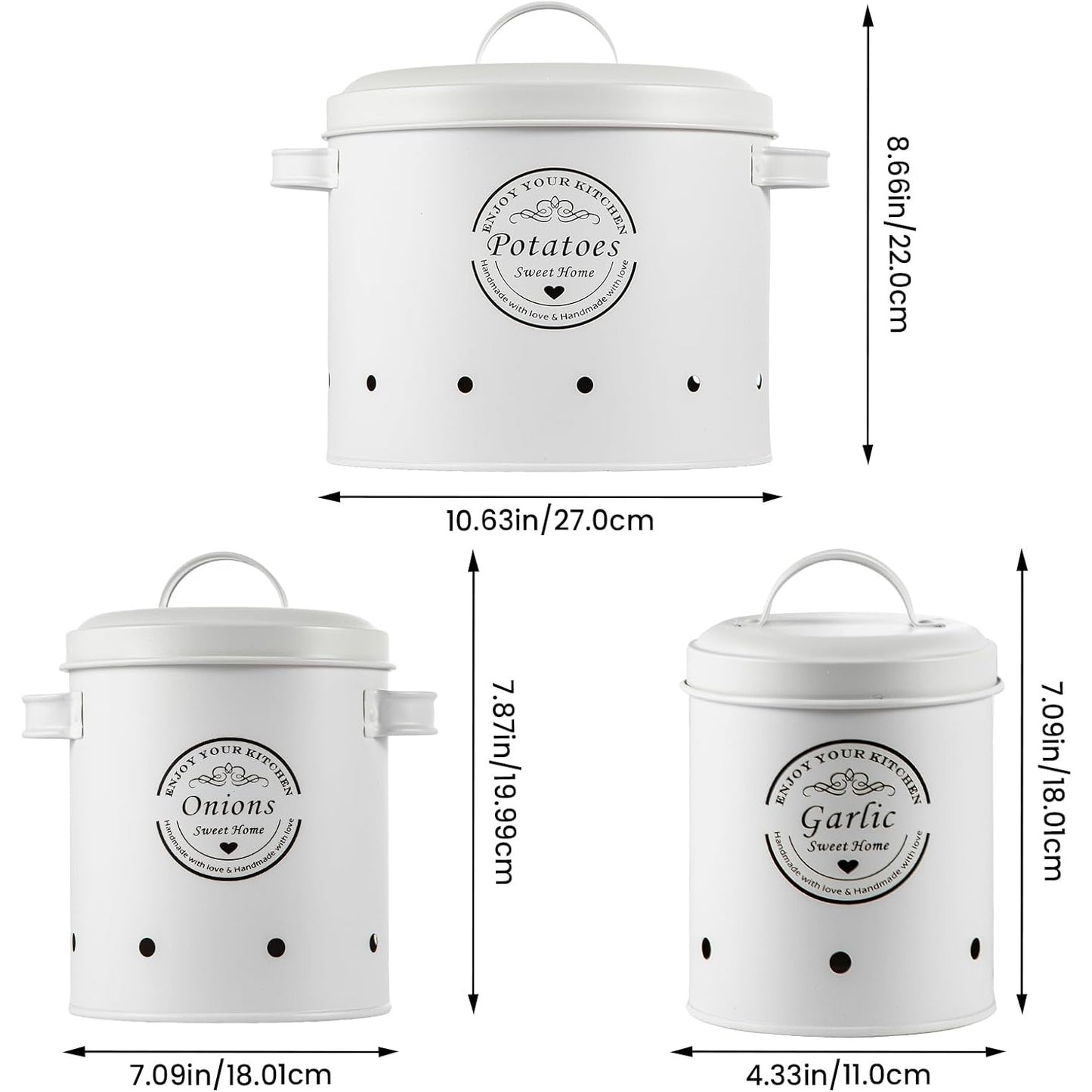 Retro Canister Set of 3 – Potato, Onion, Garlic Storage Containers – Stylish Metal Tins for Kitchen Pantry – Fresh Vegetable Keeper