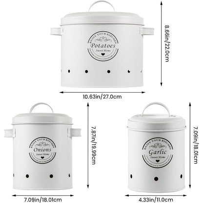 Retro Canister Set of 3 – Potato, Onion, Garlic Storage Containers – Stylish Metal Tins for Kitchen Pantry – Fresh Vegetable Keeper