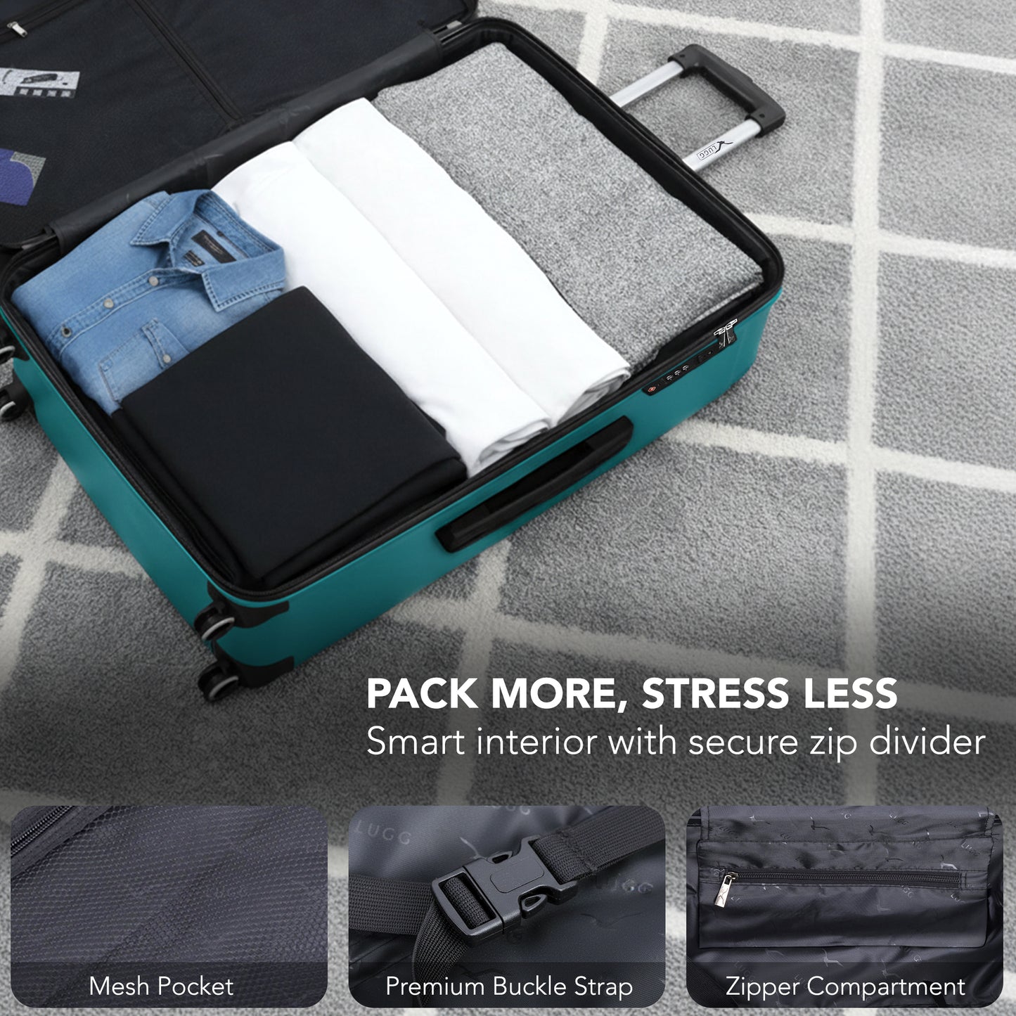 LUGG - Jetset 75x49x29cm Large Suitcase – Lightweight Hard Shell Luggage with TSA Lock – Water-Resistant ABS Spinner Suitcase – 4 Wheels Travel Bag- Midnight Blue (28 inch)