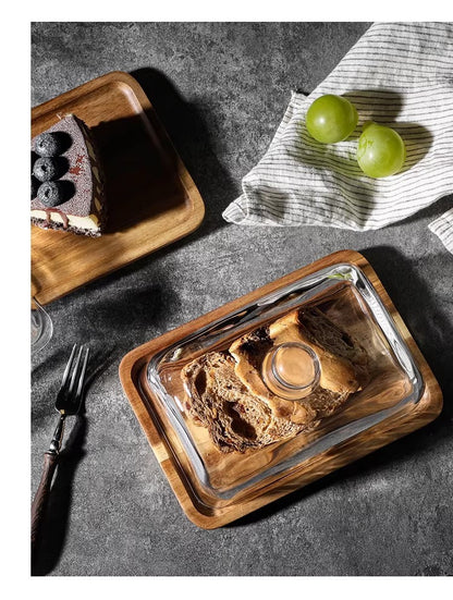 Acacia Wood Butter Dish with Glass Lid, Clear Covered Butter Keeper, Wooden Butter Tray for Kitchen Countertop, Farmhouse Butter Storage Container & Serving Dish for Counter, Ideal for Butter, Cakes, Fruits, Snacks & Pastries