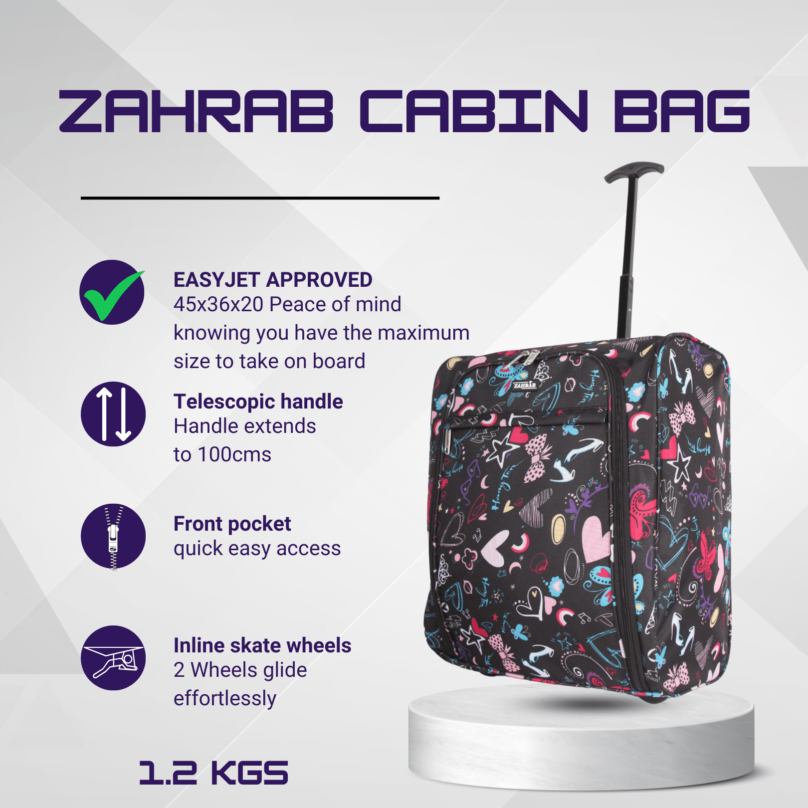 Cabin Bag with Wheels, easyJet 45x36x20cm Lightweight Trolley Wheels - Hearts option