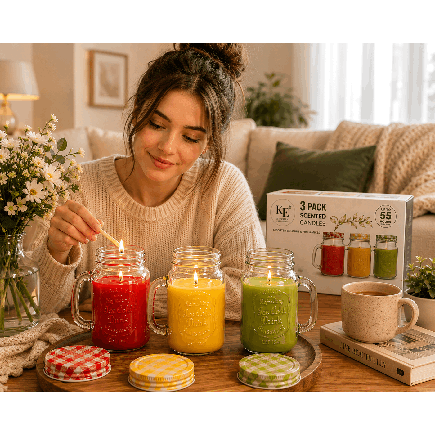 3Pack Jar Scented Candles 55 hours burn time and delightful fragrance Assorted Colors and Fragrances 3 Pieces