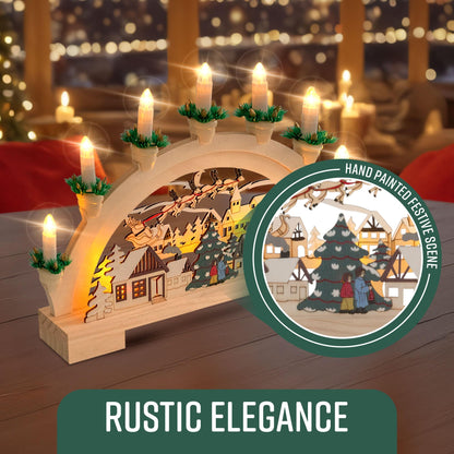 GloBrite Wooden Candle Bridge Decoration with 7 Warm White LED Candles - Indoor Christmas Window Decor, Battery Operated - 45cm x 32cm x 5cm, Multicolour
