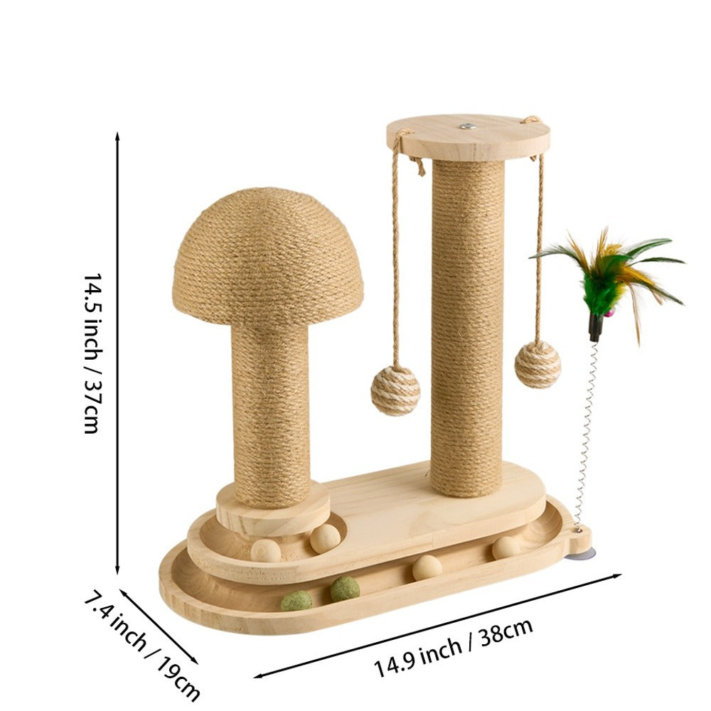 4-in-1 Cat Scratching Post with Sisal Rope, Ball Track & Spring Toy – Interactive Solid Wood Cat Activity Centre, 2 Sizes