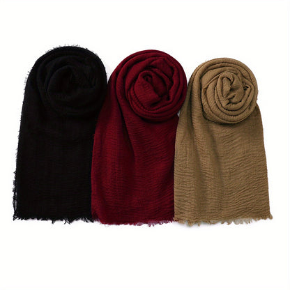 3pcs/Lot Solid Color Bubble Pleated Warm Autumn And Winter Scarf Solid Color Muslim Headscarf Hijab Scarf Ramadan