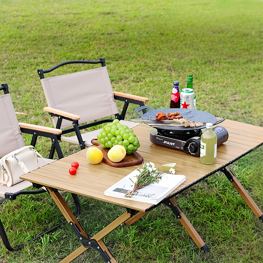 Camping Table with Foldable, 100KG, Carbon Steel, Roll-Up Folding Woodgrain Carbon Steel - product gallery image 5