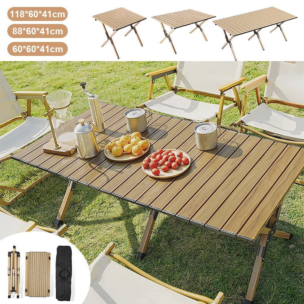 Camping Table with Foldable, 100KG, Carbon Steel, Roll-Up Folding Woodgrain Carbon Steel