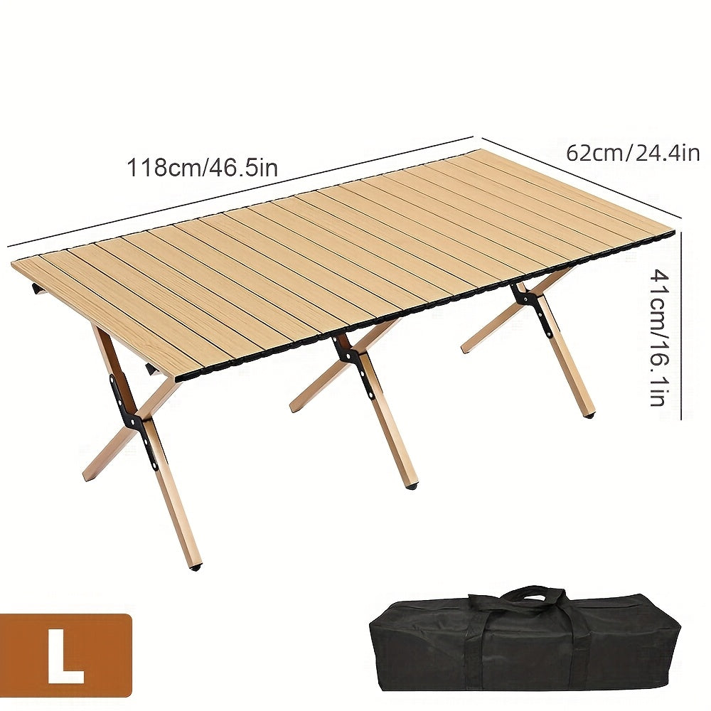 Camping Table with Foldable, 100KG, Carbon Steel, Roll-Up Folding Woodgrain Carbon Steel - Wood color L option