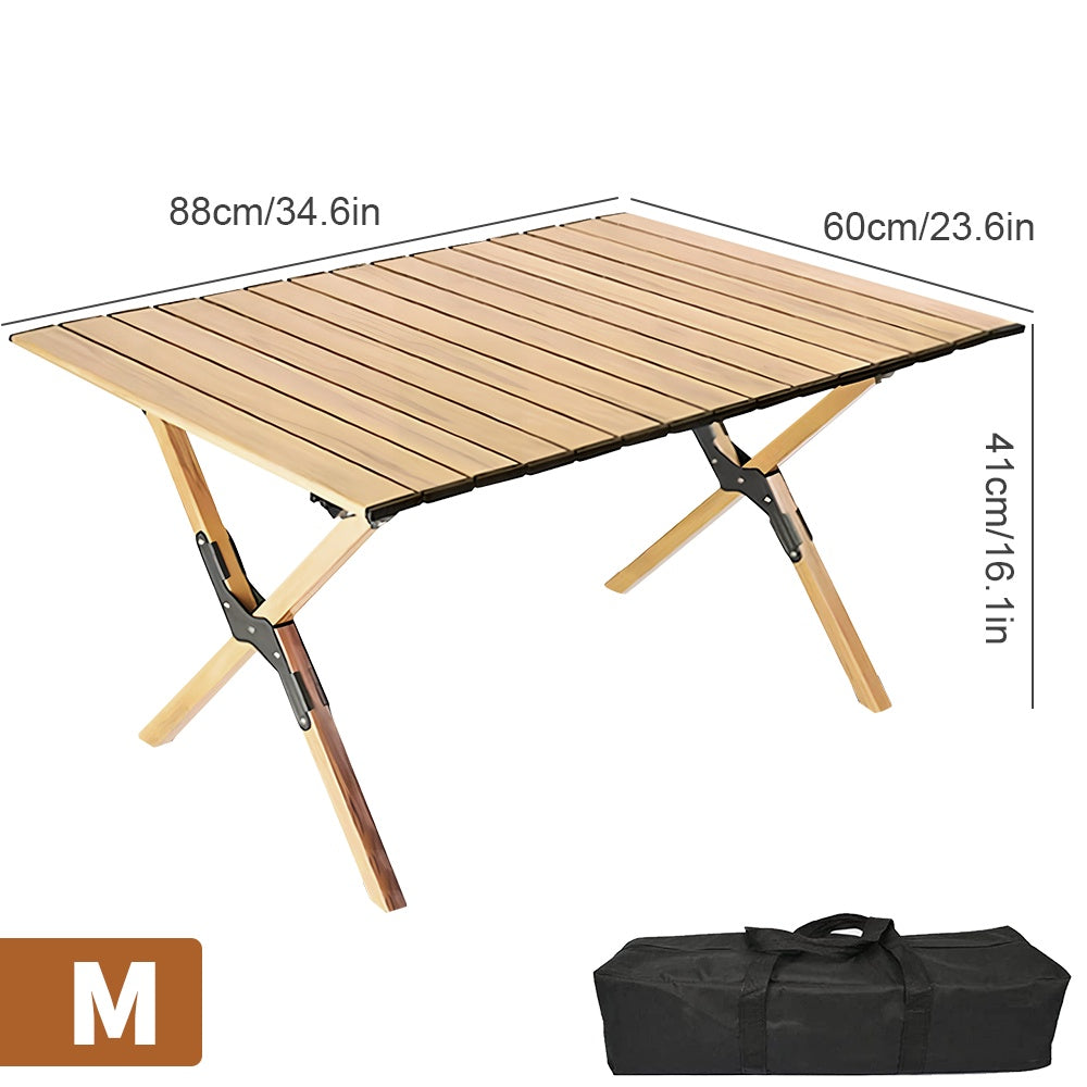 Camping Table with Foldable, 100KG, Carbon Steel, Roll-Up Folding Woodgrain Carbon Steel - Wood color M option