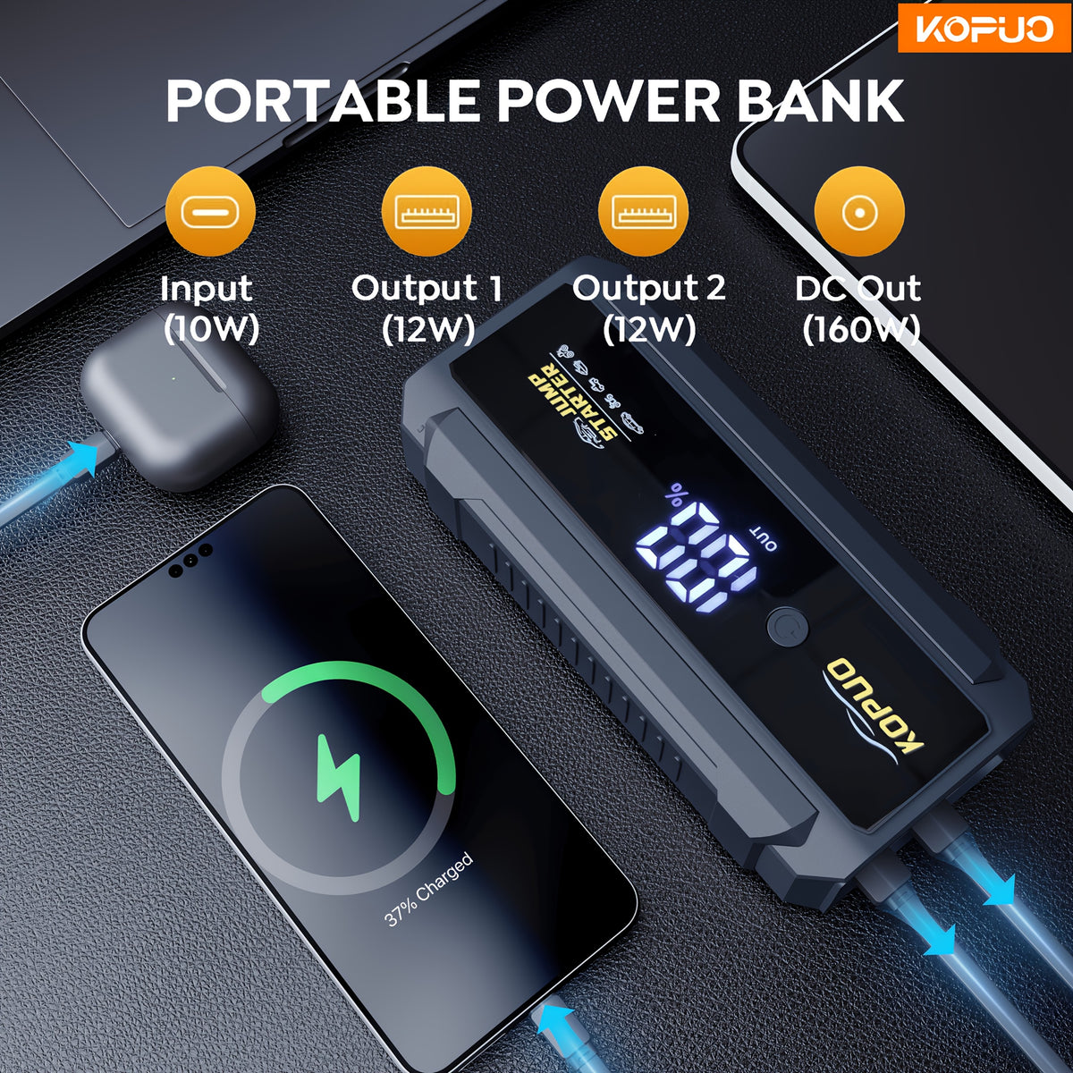 Car Jump Starter with Jump Starter with Display, KOPUO 5000A Peak Portable 12V Battery - product gallery image 4