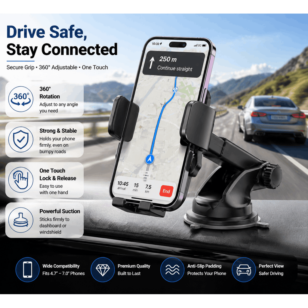 Car Phone Mount Suction Cup Quick-Release Button, Anti-Shake with Silicone, pack 1 - product gallery image 2