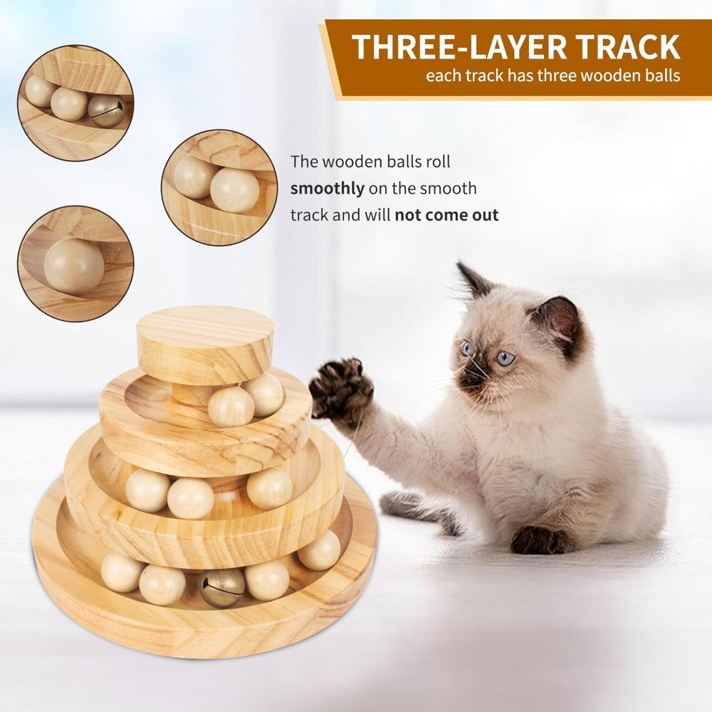 Cat Toy with Wood, Wooden 3-Layer Track Ball Bell Interactive - product gallery image 3