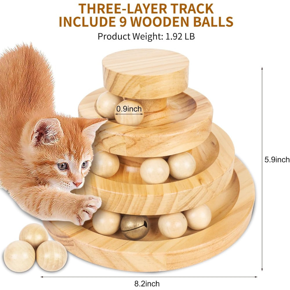 Cat Toy with Wood, Wooden 3-Layer Track Ball Bell Interactive - product gallery image 6