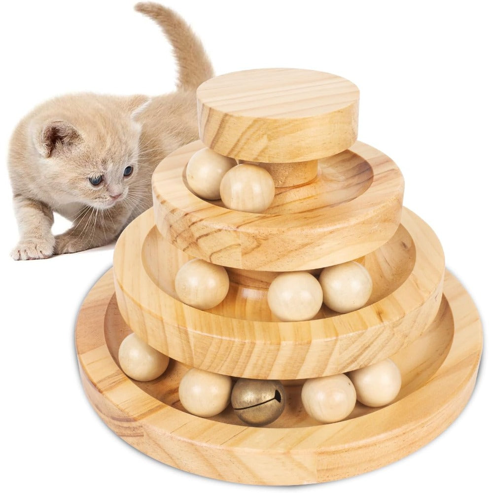 Cat Toy with Wood, Wooden 3-Layer Track Ball Bell Interactive