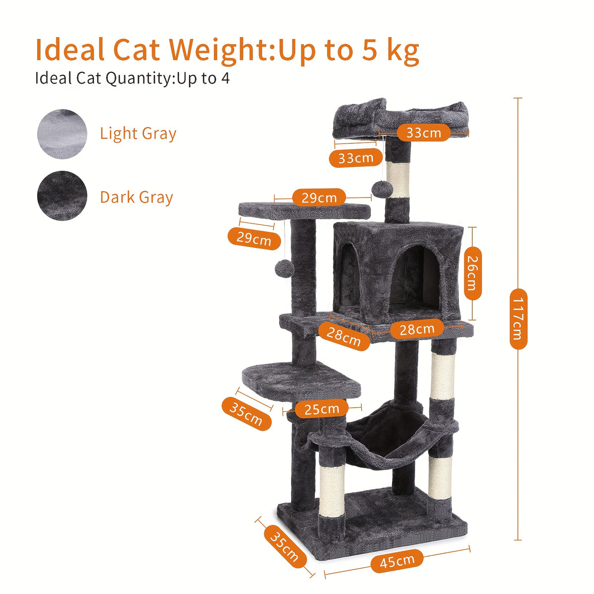 Cat Tree with 112 Cm Multi-Level Plush Condo Scratching Posts - Dark Gray option