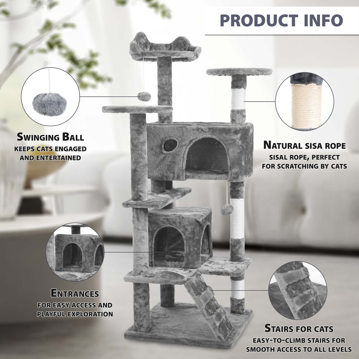 Cat Tree with 138 cm Tower Multi-Level Cats Activity Centre - product gallery image 13