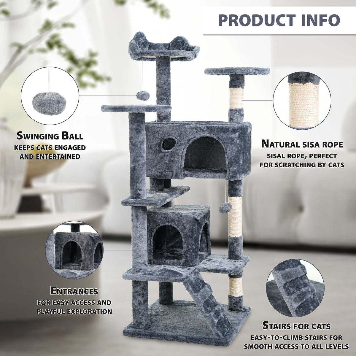 Cat Tree with 138 cm Tower Multi-Level Cats Activity Centre - product gallery image 8