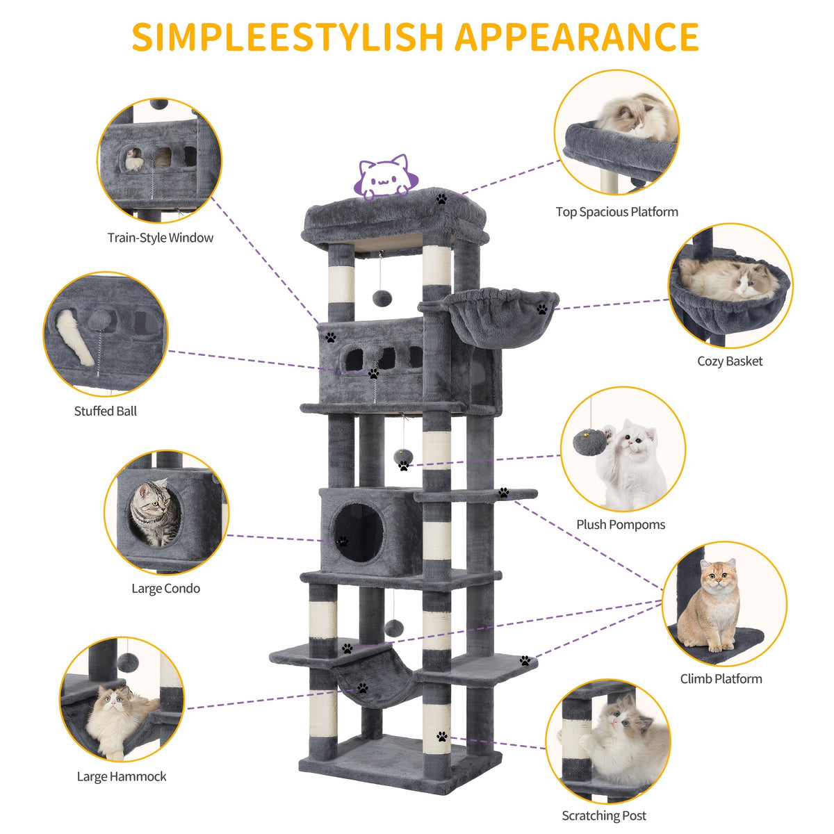 Cat Tree with 170cm, Indoor Cats, Large Tall Tower, Multi-Level - product gallery image 8