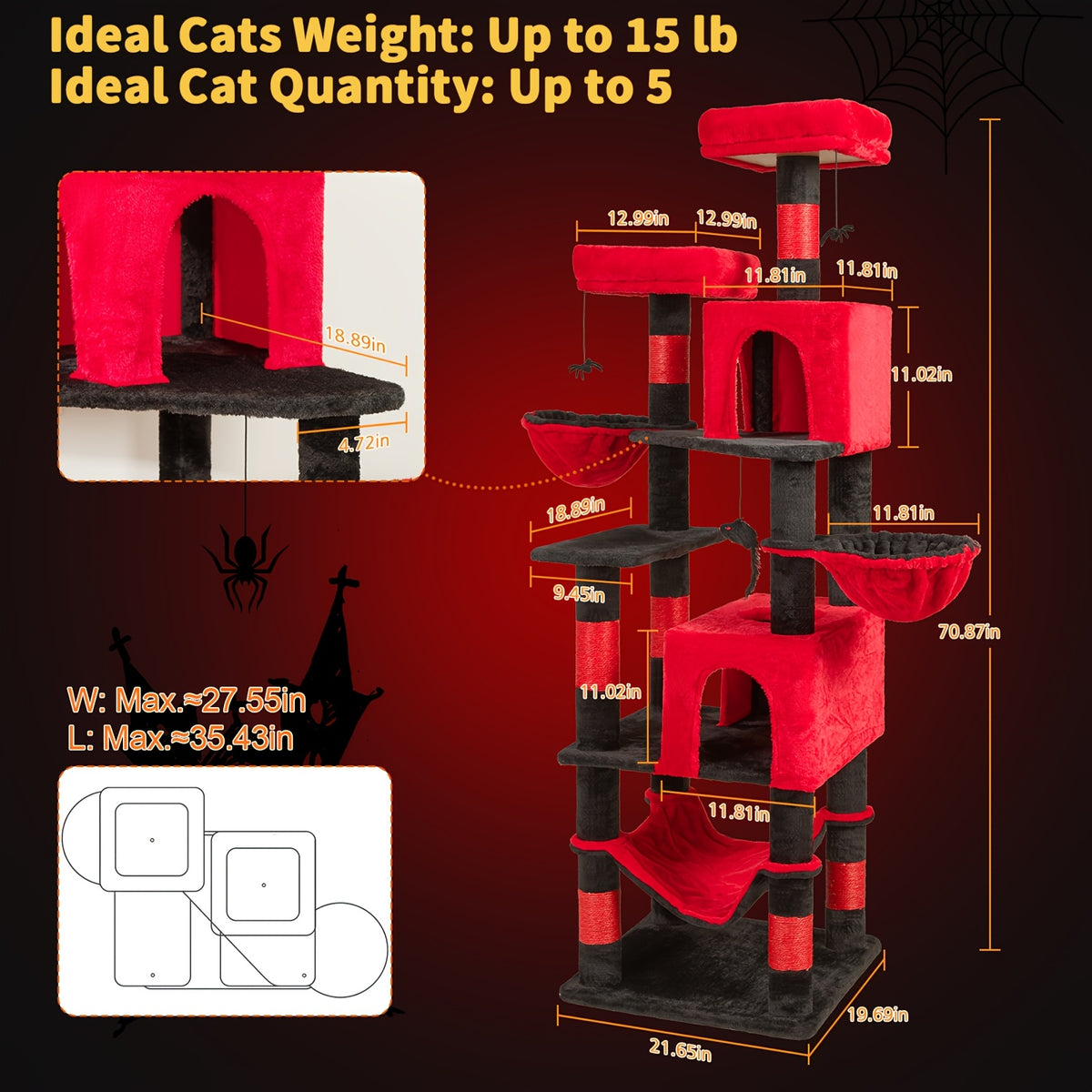 Cat Tree with 180cm, Wood, AMHANCIBLE Tall Multi-Functional Tower - product gallery image 2