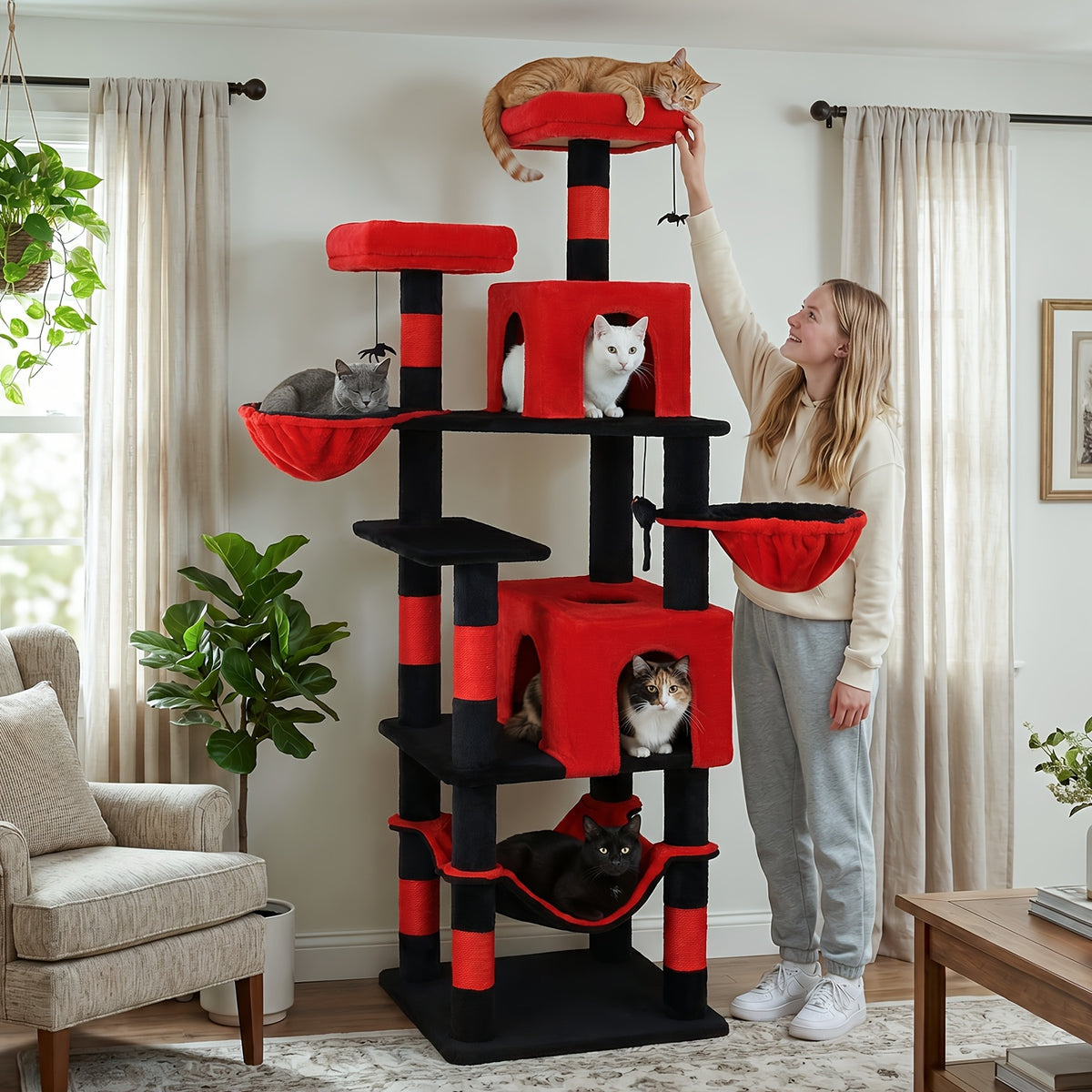 Cat Tree with 180cm, Wood, AMHANCIBLE Tall Multi-Functional Tower - product gallery image 4