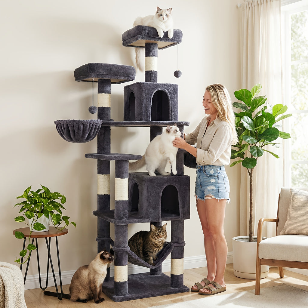 Cat Tree with 180cm, Wood, AMHANCIBLE Tall Multi-Functional Tower - product gallery image 8