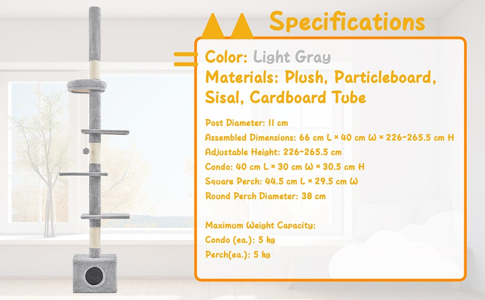Cat Tree with Adjustable Height, 266cm, Costoffs Floor-to-Ceiling Tower, 226-266cm - product gallery image 9
