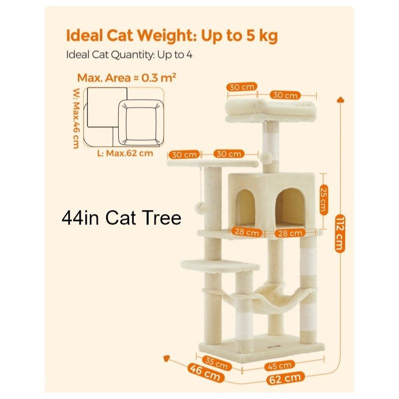 Cat Tree with Easy Assembly, 112cm, Multi-Level Plush Tower Condo Scratching - Beige option