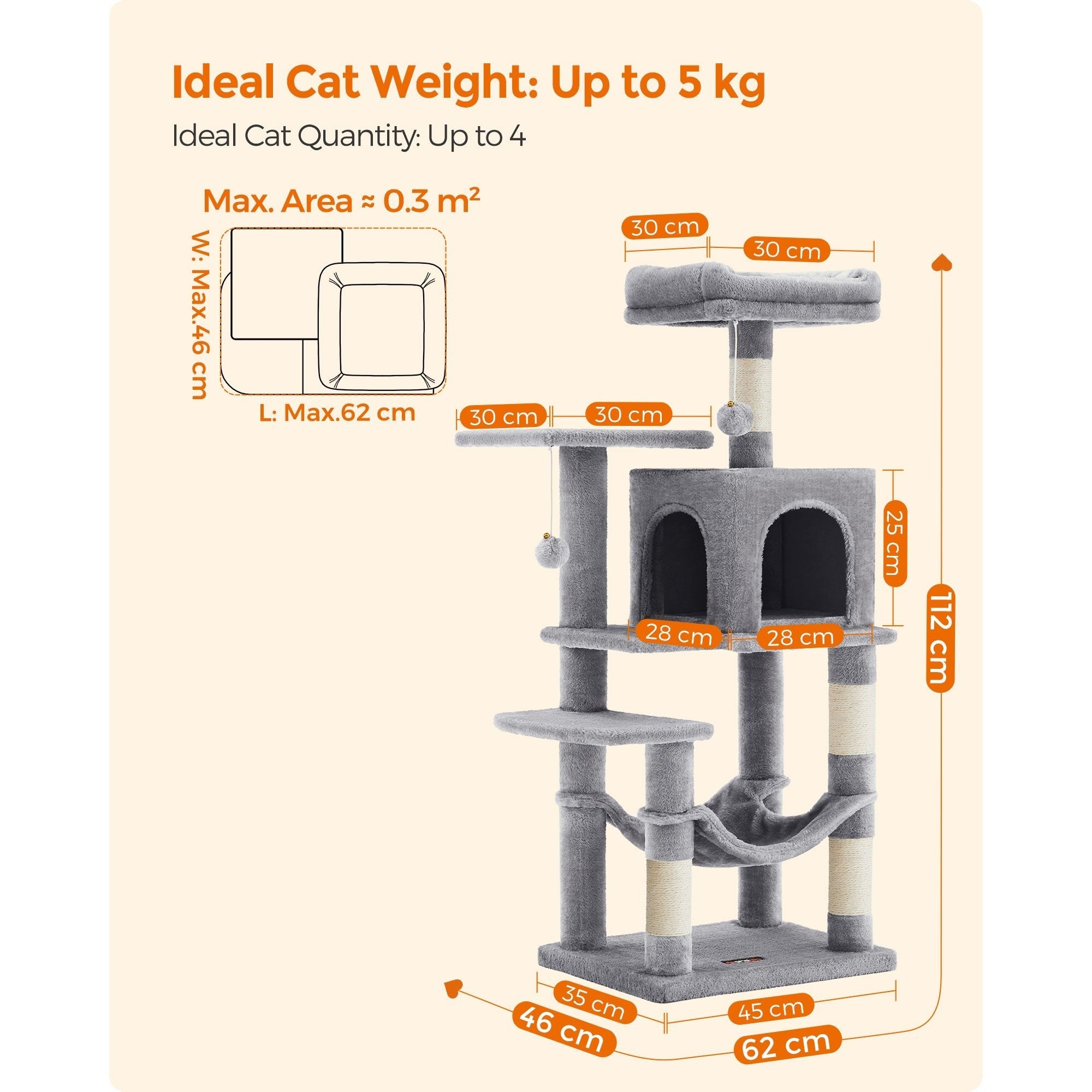 Cat Tree with Easy Assembly, 112cm, Multi-Level Plush Tower Condo Scratching - product gallery image 4