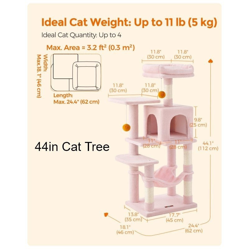 Cat Tree with Easy Assembly, 112cm, Multi-Level Plush Tower Condo Scratching - Jelly Pink option
