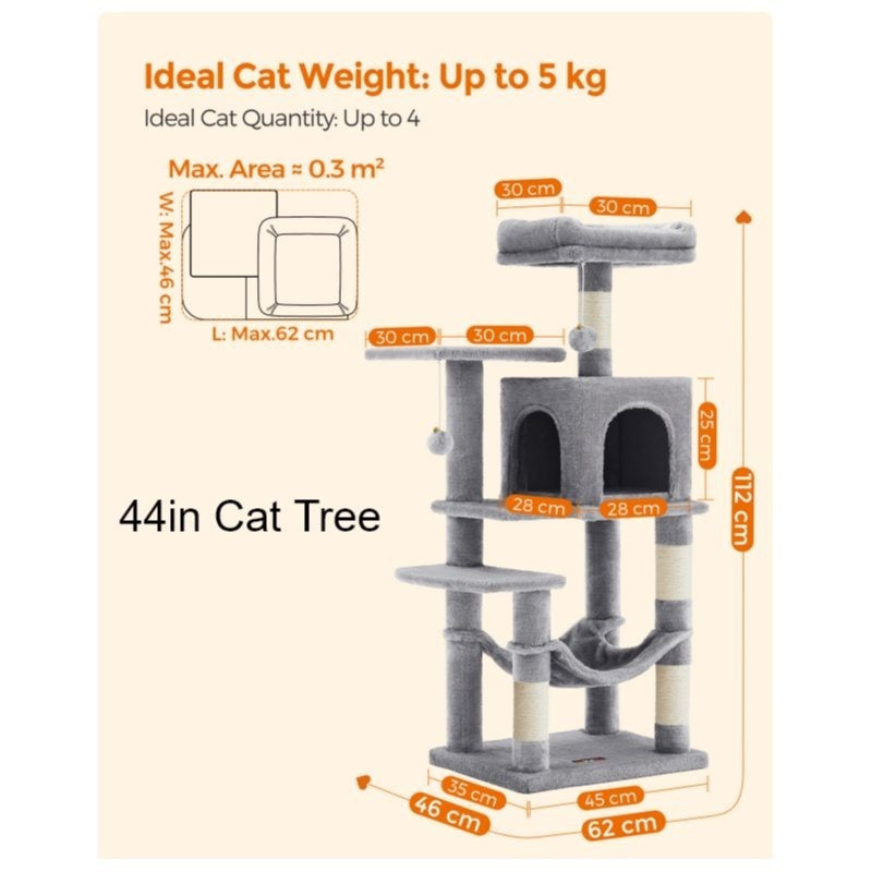 Cat Tree with Easy Assembly, 112cm, Multi-Level Plush Tower Condo Scratching