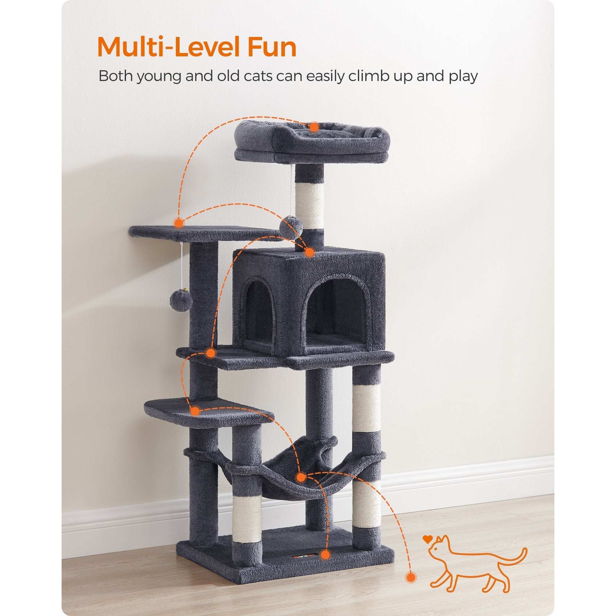 Cat Tree with Easy Assembly, 112cm, Multi-Level Plush Tower Condo Scratching - Smoky Grey option