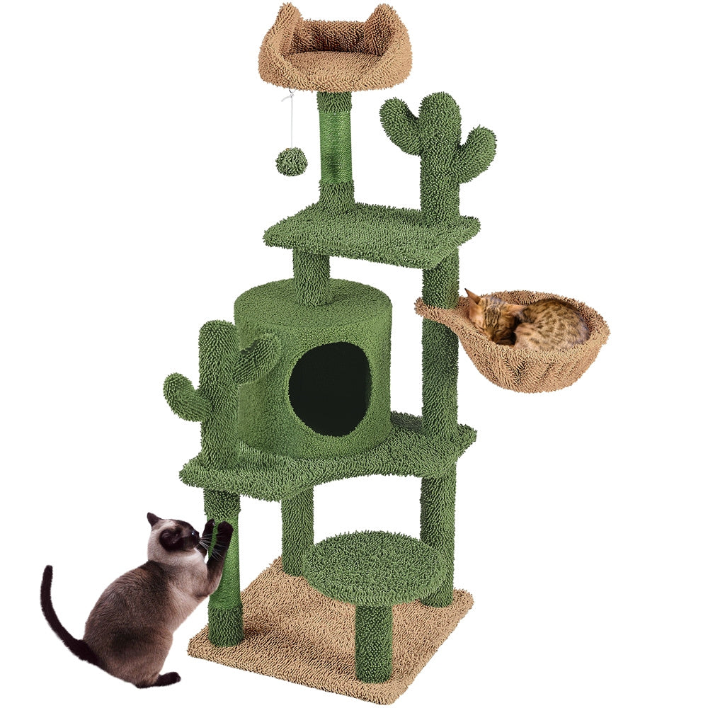 Cat Tree with Easy Assembly, 135cm, Cactus Tower Unique Green Design Sisal - product gallery image 2