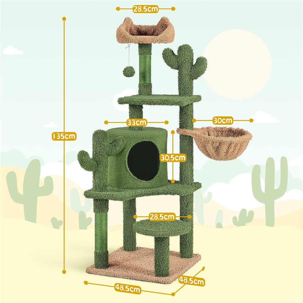 Cat Tree with Easy Assembly, 135cm, Cactus Tower Unique Green Design Sisal - product gallery image 4