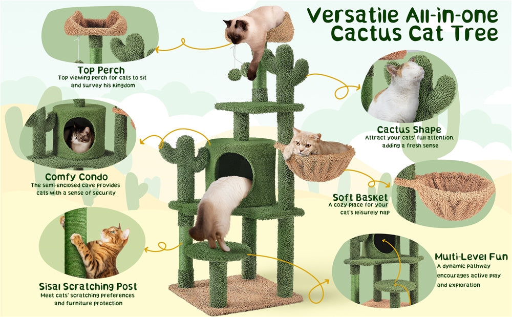 Cat Tree with Easy Assembly, 135cm, Cactus Tower Unique Green Design Sisal - product gallery image 5