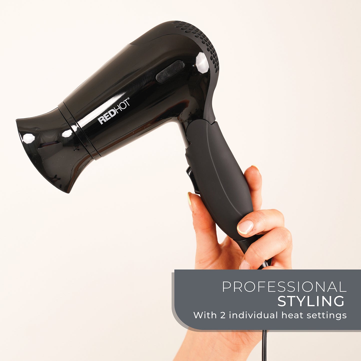 Red Hot 37079 1200W Travel Hair Dryer with Folding Handle/Dual Voltage / 2 Heat Settings/Compact & Lightweight/Black