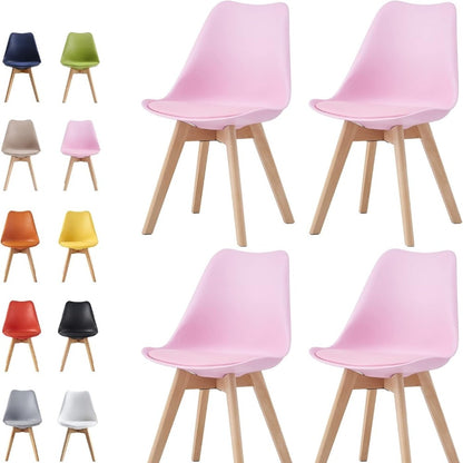 Set of 4 Dining Chairs with Wooden Legs & Cushion Pad - Retro Mid-Century Faux Leather Seat, 120kg Capacity, 7 Colours, UK Stock
