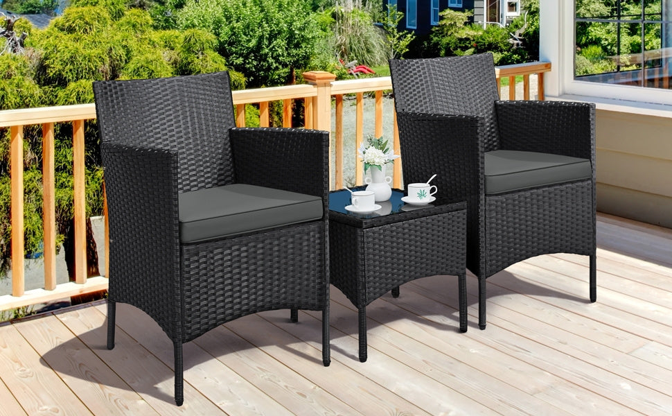 Costoffs Set of 3 Patio Table and Chairs, Outdoor Wicker Conversation Furniture Set, 2pcs Woven Rattan Chairs with Cushions and 1 Side Table