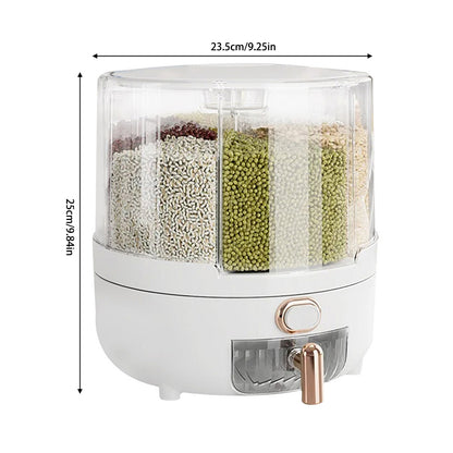 Grain Dispenser 360° Rotating Dispenser 6-Grid Rice Dispenser Food Dispenser Bucket Transparent Kitchen Organization For Countertops, White